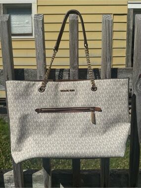 Michael Kors Cream and Brown Logo Tote with Chain-Strap